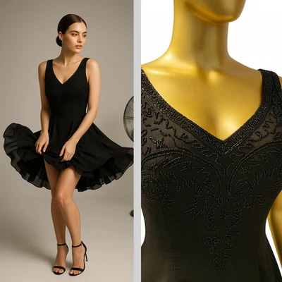 Peak Evenings Hand Beaded Black Chiffon Cocktail Dress Size 4 Vintage Y2K Formal - Image 1 of 4