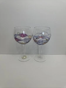 Artland Mosiac Balloon Wine Glasses COBALT LINES 16 OZ. Set Of 2. - Picture 1 of 7