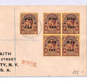 TURKS & CAICOS WAR TAX Cover 3d Block{4} Registered USA New York WW1 1918 YX101 - Picture 1 of 9