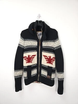 Superdry Cardigan Mens Small  Navy Chunky Knit Zip Aztec Nordic Cowichan Sweater - Image 1 of 4