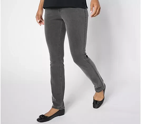 Quacker Factory DreamJeannes Flat Waist Slim-Leg Pants Charcoal Grey 1X A664026 - Image 1 of 1