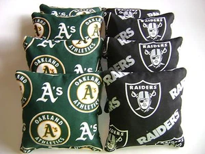 OAKLAND ATHLETICS & RAIDERS CORNHOLE BEAN BAGS SET OF 8 TOP QUALITY TOSS GAME   - Picture 1 of 1