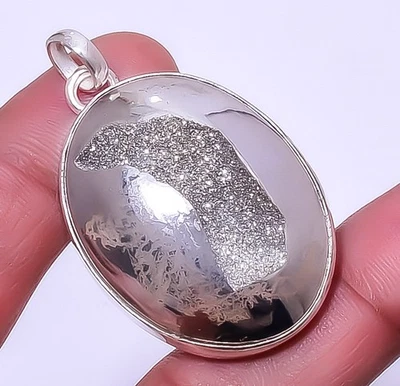 Titanium Silver Agate Drusy 925 Sterling Silver Pendant 1.95" P7312-41 - Image 1 of 4