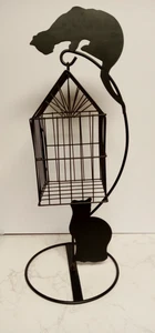 BLACK HANGING BIRD CAGE ON STAND WITH 2 BLACK CATS LOOKING INTO BIRD CAGE 21" - Picture 1 of 10