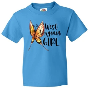 Inktastic West Virginia Girl- Butterfly Youth T-Shirt State Home Charleston Gift - Picture 1 of 7