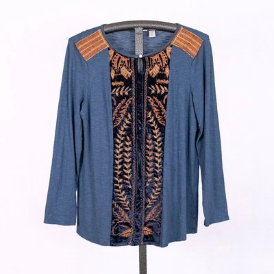 Top túnica bordada Chico's Zenergy con terciopelo para mujer GRANDE bohemio occidental Foto 1 de 4