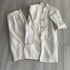 LORD & TAYLOR Vtg LINEN BEIGE JACKET Blazer Pants Suit Embroidered 8 10 *READ - Picture 1 of 18