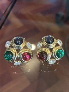 Vintage Monet Jewels of India Earrings Clip On Colorful Cabochon 90s Mogul 1.3” - Picture 1 of 10