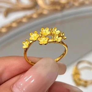999 24K Yellow Gold Band Women Gift Lucky Small Flower Open Ring 2.6-2.7g - Picture 1 of 7