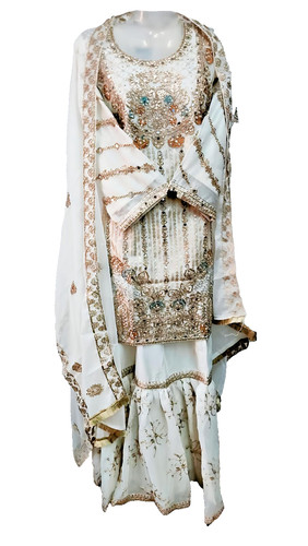 OFF WHITE Abito indiano bollywood bianco sporco zari specchio lavoro pronto da indossare sharara garara