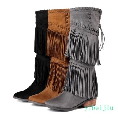 Botas de mujer hasta la rodilla estilo bohemio gamuza cuero tacón cubano zapatos borla 2025 Foto 1 de 4