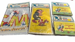 Vintage Smurf Birthday Party Invitations 1982 16 Pc. Unique Banner Pin Tail Game - Picture 1 of 7