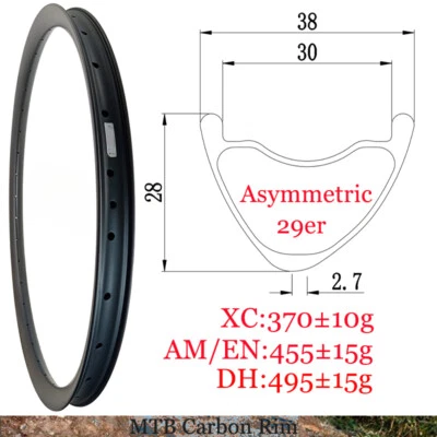 Llanta de carbono para bicicleta 29er MTB XC AM EN DH 28*38mm asimétrica tubeless 24-36 orificios Foto 1 de 4