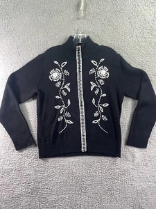 Evan Picone Black White Embroidered Sweater Long Sleeve Button Up Size Large - Picture 1 of 11