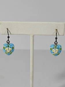 VTG Murano Millfiori Art Glass Heart Sterling Silver Dangle Earrings - Picture 1 of 6