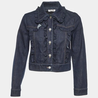 Chaqueta corta con volantes de mezclilla azul oscuro Miu Miu S Foto 1 de 4