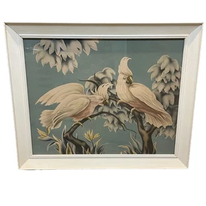 VTG 1950s Mid Century Orig Turner Cockatoo Print Linen Paper Blue Wood Frame - Picture 1 of 9