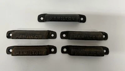 Conjunto de 5 alças antigas de ferro fundido Hamilton tipo conjunto tipo impressora gaveta puxa - Imagem 1 de 4
