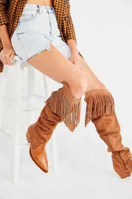 Botas Free People Sage Flecos Sobre la Rodilla Marrón Gamuza y Cuero Talla 38.5 Nuevas Foto 1 de 4