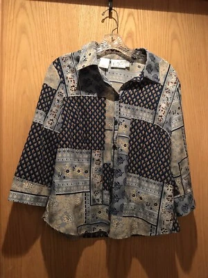 Blusa vintage para mujer Kathy Che talla 12 color tostado y azul floral a cuadros abotonada. Foto 1 de 4