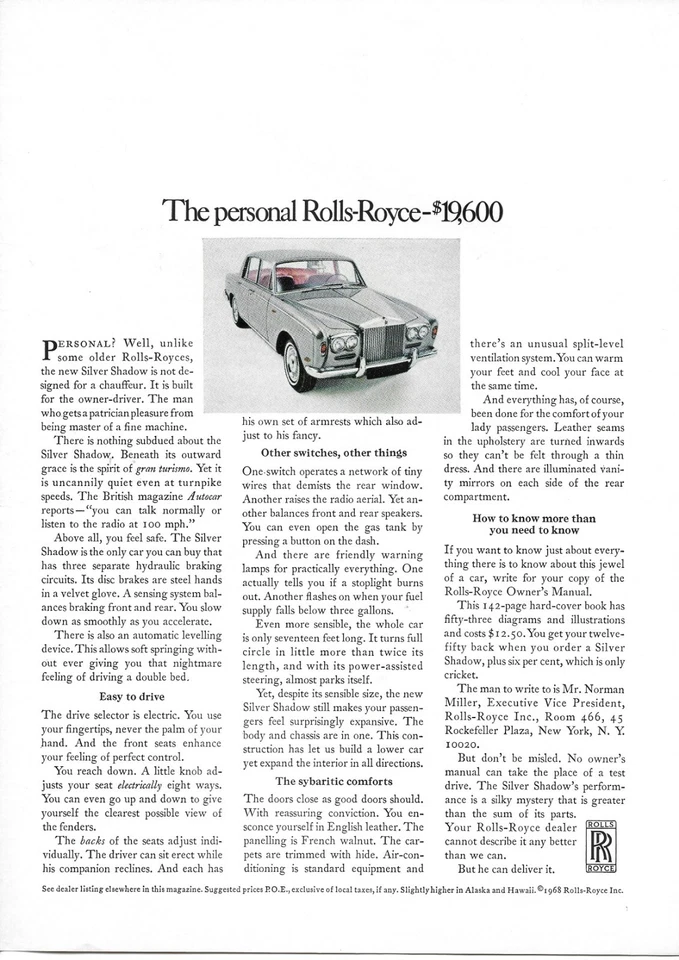 1968 年劳斯莱斯银影 19,600 美元英国原版印刷汽车广告 — 第 1/1 张图片