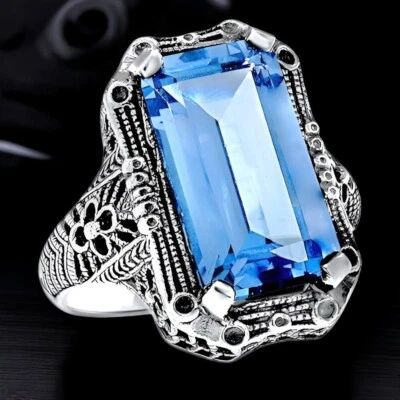 CLASSIC ART DECO STYLE 925 STERLING SILVER 8 Ct SIMULATED AQUAMARINE RING   #457 - Image 1 of 4