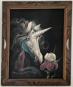 Vintage Holz gerahmt Samt Einhorn Malerei 24"" x 20"" 80er 90er Jahre Fantasie Wandkunst - Bild 1 von 2