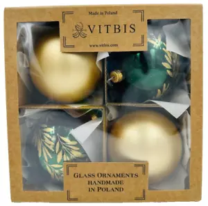 Vitbis Christmas Ornaments glass 4" hand crafted set of 4 green gold Poland NIB - Picture 1 of 7