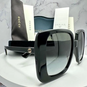 New Gucci Sunglasses Black Square Gold Interlocking GG Metal Logo Oversized - Picture 1 of 22