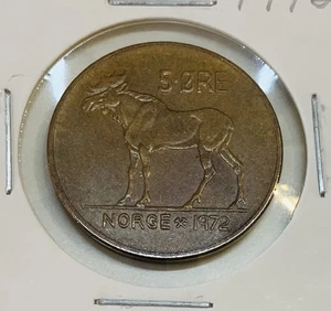 Moneda de 5 minerales Noruega 1972 KM#405 bronce rey Olav V diseño alce escandinavo - Imagen 1 de 4