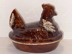 Vintage Hull Oven Proof USA Brown Drip Glaze Hen Chicken Nest Rooster Casserole - Picture 1 of 11