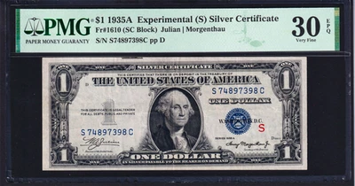 USPC FR1610 US$ 1 1935A EXPERIMENTAL (S) CERTIFICADO PRATA PMG 30 MUITO BOM ESTADO EPQ [NOTA MUITO RARA] - Imagem 1 de 2