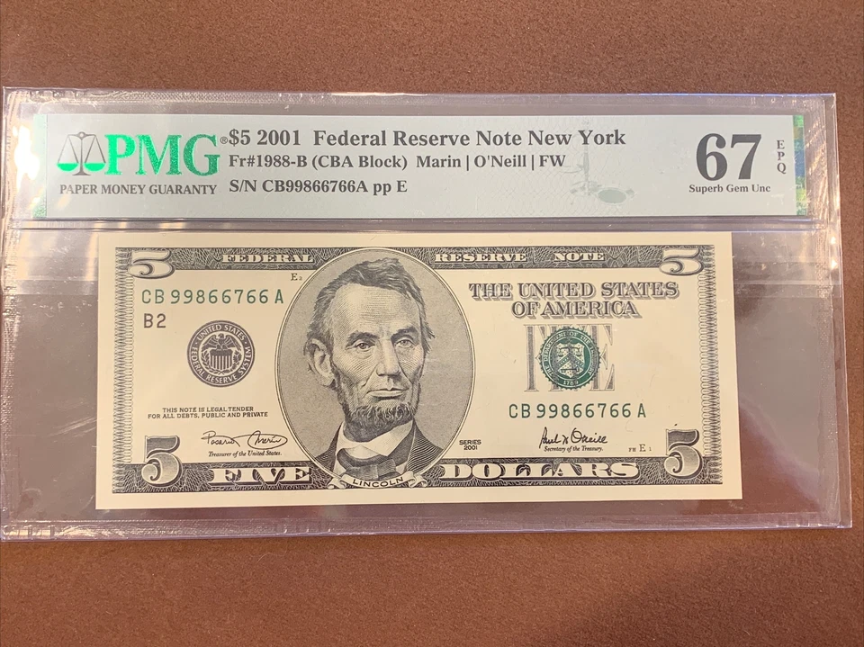 2001 $5.00 FRN New York- FR1988B- CBA Block- PMG- Superb Gem- 67 EPQ - Image 1 of 2