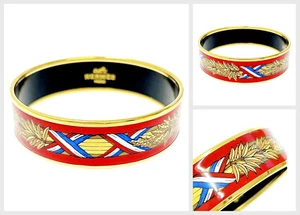 Hermes Enamel Bangle Bracelet Red Enamel Gold Finish Size 65 Vintage with Box - Picture 1 of 8