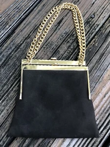Brown Suede Handbag Purse Evening Bag Clutch Double Clasp Gold Vtg Chain 70s 80s - Picture 1 of 8