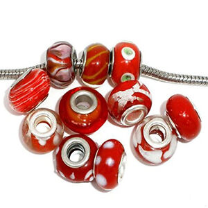 Pack of 10 Red MIX Lampwork Murano Glass Beads For Snake Chain Charm Bracelet.