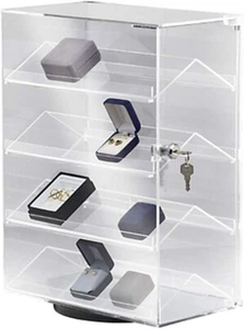 Rotating Pilfer Proof Display 4 Shelf Clear locking Jewelry Watches Earrings 17" - Picture 1 of 2