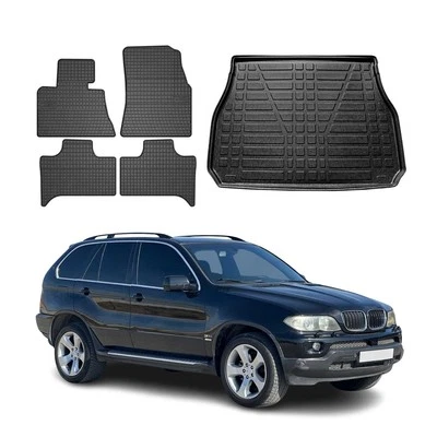 OMAC Fußmatten & Kofferraumwanne Set für BMW X5 E53 1999-2006 Gummi Schwarz TPE 5x