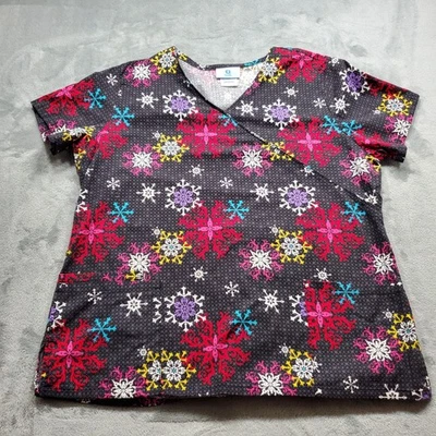 SB Scrub V-neck Scrub Top Winter Theme Multicolor Snowflakes 2 Pockets Wm Sz L - Image 1 of 4