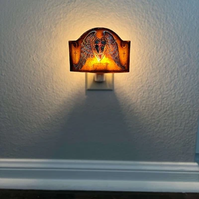 Leather Look Wings Cross Heart Night Light with Bulb Turquoise Western Decor - Image 1 of 4