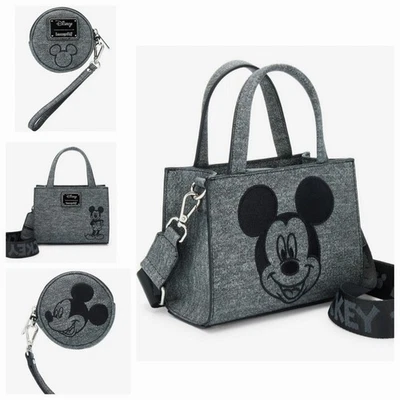 ¡Bolso Bandolera Convertible Loungefly Disney Mickey Mouse Gris Denim y Monedero MONEDA! Foto 1 de 4