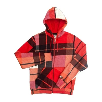 Мужская толстовка с капюшоном Y2K DC Shoes оранжевая клетчатая на молнии толстовка отверстия для пальцев карманы M - Изображение 1 из 4