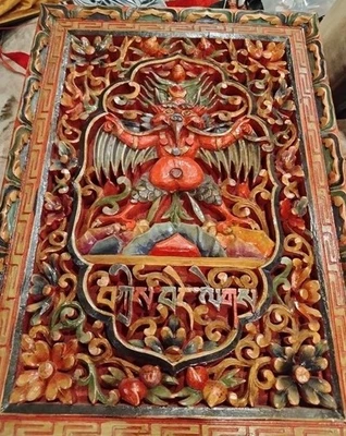 Antique Hand-Carved Tibetan Wood Temple Panel – Winged Deity –Ritual Shrine Art - Image 1 of 2