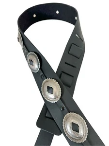 Leather Steel Oval Concho Guitar Strap Acoustic Electric Bass Antique  Silver - Picture 1 of 9