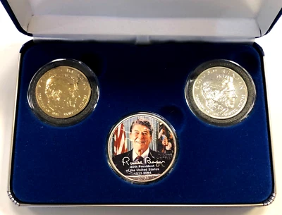 Ronald Reagan 2004 Painted Silver Eagle 3 Coin Presidential Mint Set + Box & CoA - Image 1 of 4