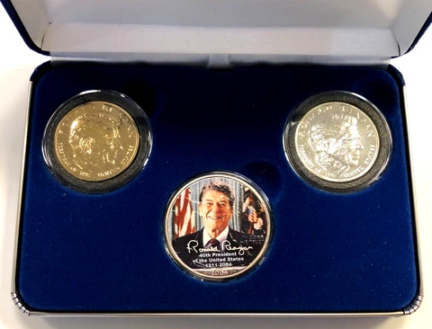 Ronald Reagan 2004 Painted Silver Eagle 3 Coin Presidential Mint Set + Box & CoA Cover