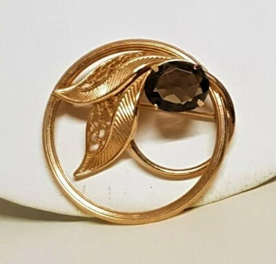 BIJOU VINTAGE BROCHE FLEUR FEUILLE FILIGRANE verre fumé METAL DORE / F8 - Photo 1/3