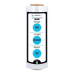 8 Rolls 15" x 2000' 60 Gauge Cast Hand Pallet Bundling Wrap Clear Shrink Film - Picture 1 of 9