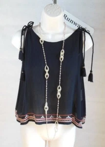 Black Cami Crop Top Shirt S Small tank boho style tassels - Picture 1 of 5
