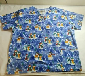 FUNDAMENTALS by WHITE SWAN Snowman Christmas scrub top Shirt MED  HOLIDAY A9 - Picture 1 of 5